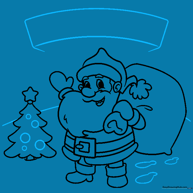 Background elements including tree ornaments, snowy footprints, and a blank banner.