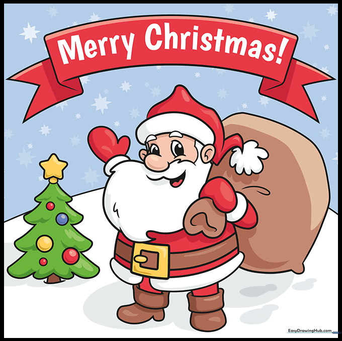 Final colored drawing of a Merry Christmas card featuring Santa and a tree.