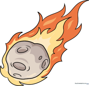A vibrant, finished drawing of a flaming meteor streaking across a dark space background.