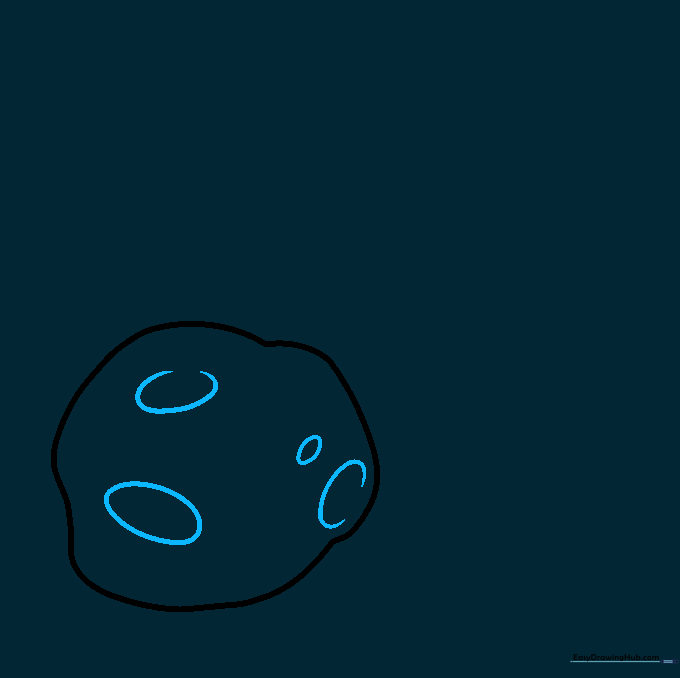 Close-up of the meteor core with small ovals and curved lines added to depict surface craters.
