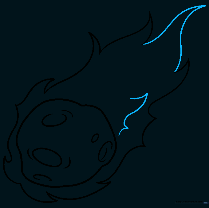 Adding final pointed details to the meteor's tail to refine the fiery appearance.
