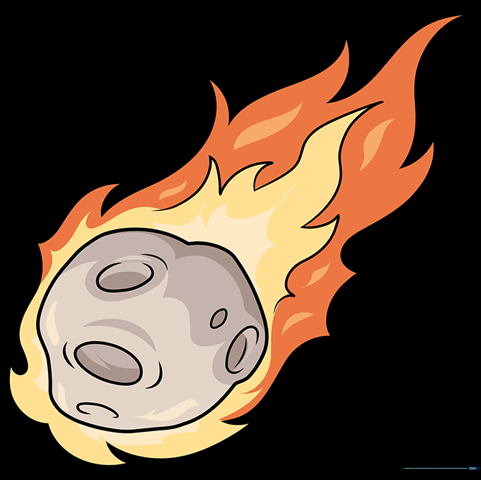 A fully colored, vibrant cartoon meteor with orange and yellow flames streaking through space.