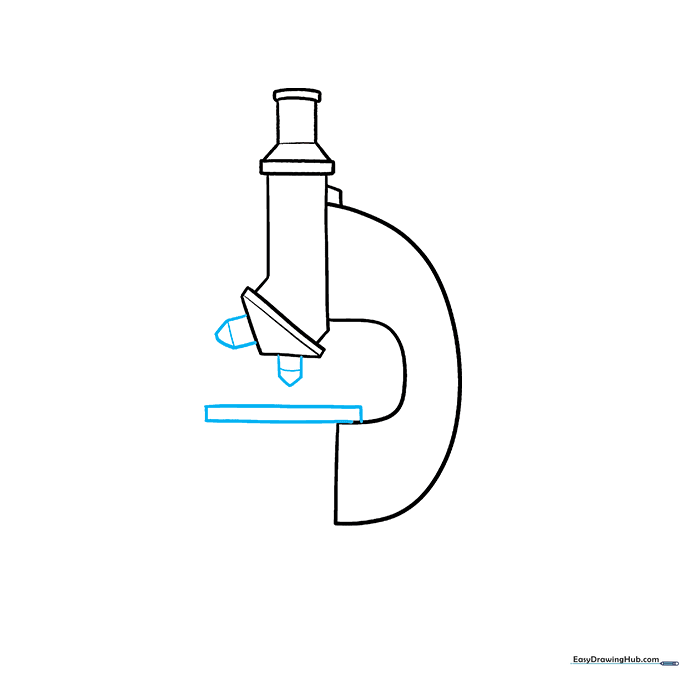 Adding objective lenses and the flat stage to the microscope drawing.