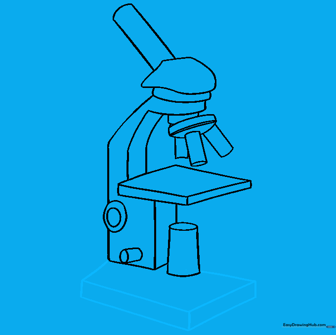 Adding the final rectangular base to the microscope drawing.
