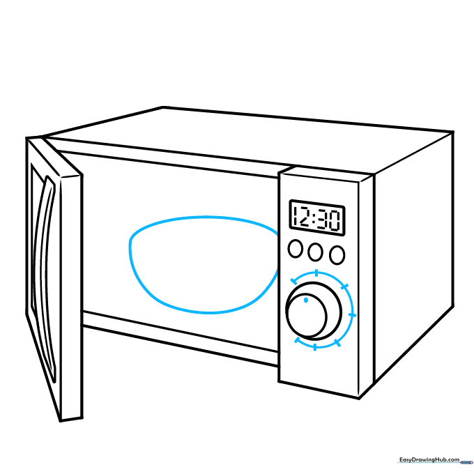 Drawing a bowl inside the microwave and adding settings marks around the dial.