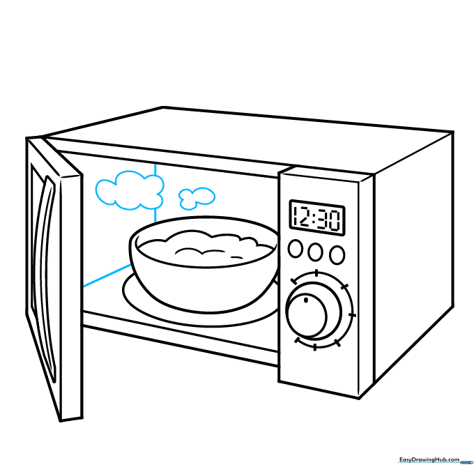 Adding steam clouds and final ink outlines to the microwave drawing.