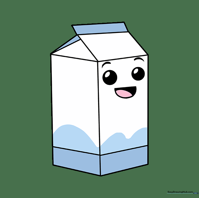 The finished, colored milk carton drawing with a friendly face.