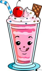 A vibrant, finished drawing of a cute, smiling milkshake with whipped cream and a cherry.