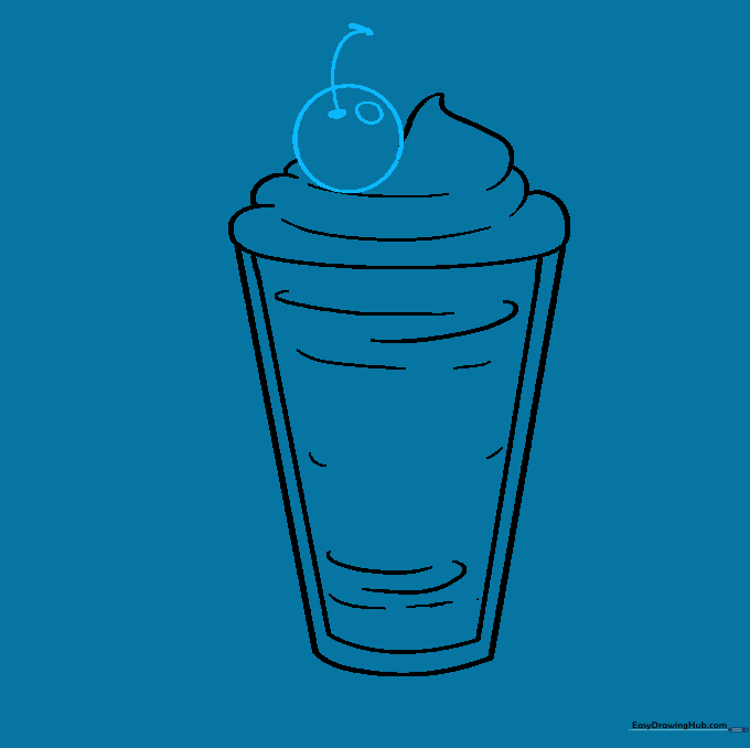 A cherry with a stem and a small highlight circle sitting on top of the whipped cream.