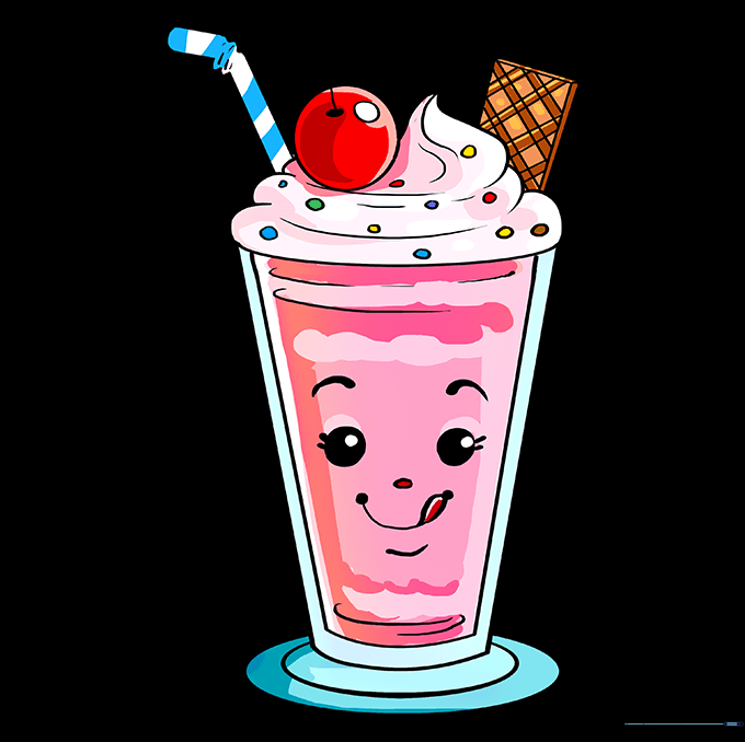 A fully colored and shaded cartoon milkshake drawing with sprinkles.