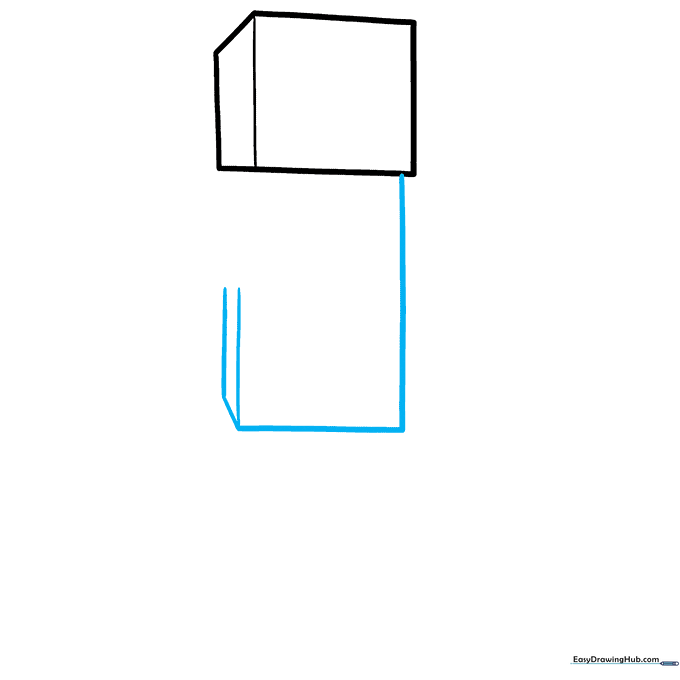 Adding a rectangular torso block beneath the head of the Minecraft zombie sketch.