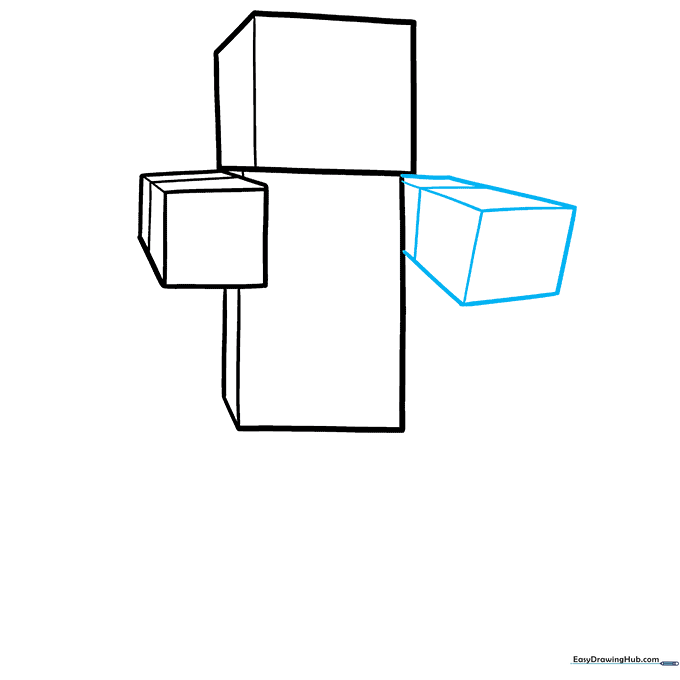 Sketching the zombie's arm as a 3D block attached to the torso.