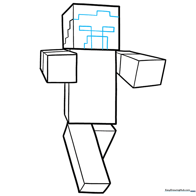 Drawing the facial features of the Minecraft zombie using blocky shapes.