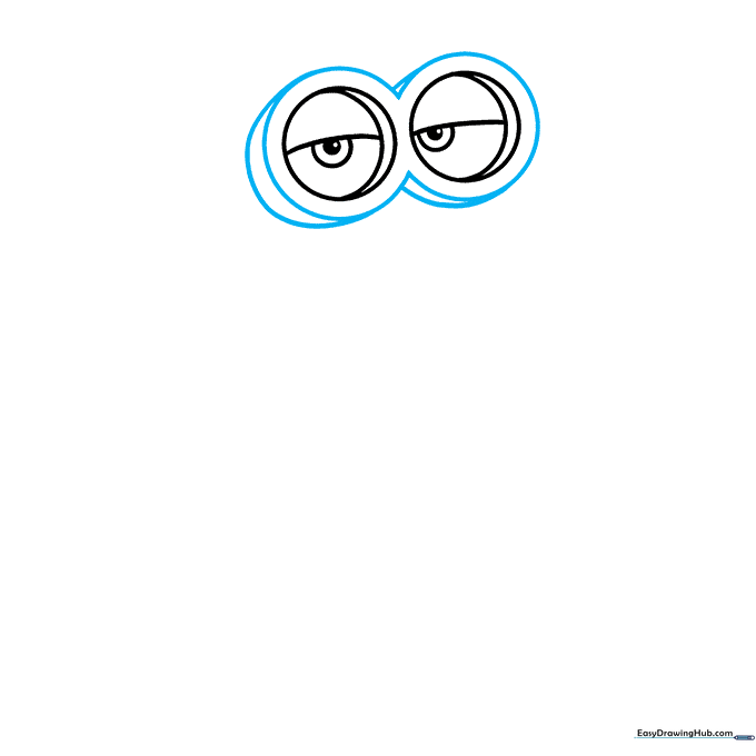 Pencil drawing showing the addition of a thick, peanut-shaped frame around the Minion's eyes.