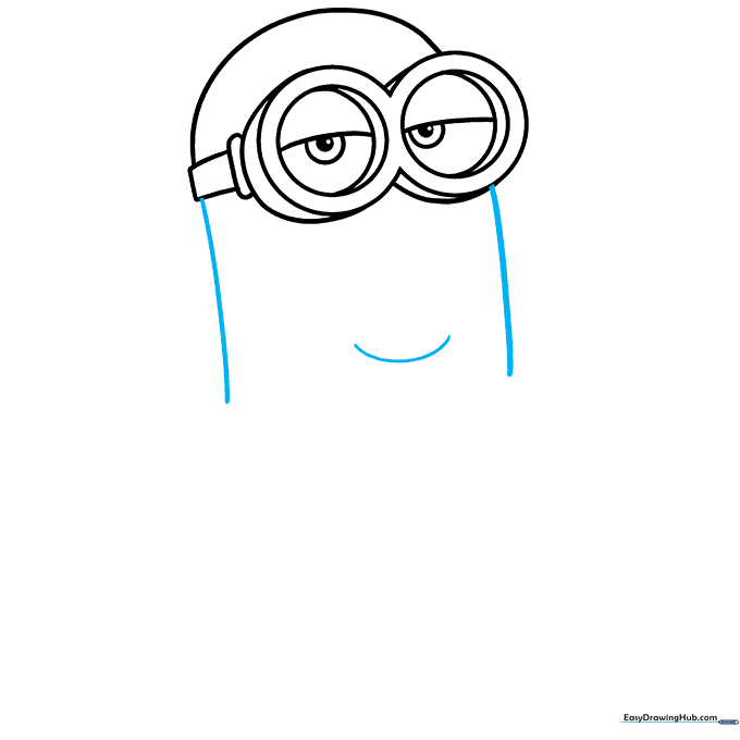 Pencil sketch showing the elongated body of the Minion and a wide, friendly smile.