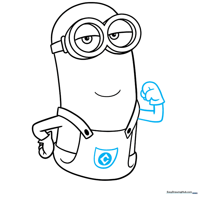 Drawing the pocket and the Gru 'G' logo on the Minion's overalls.