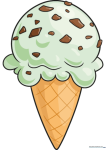 A vibrant, finished illustration of a mint chocolate chip ice cream cone, perfect for inspiring young artists.