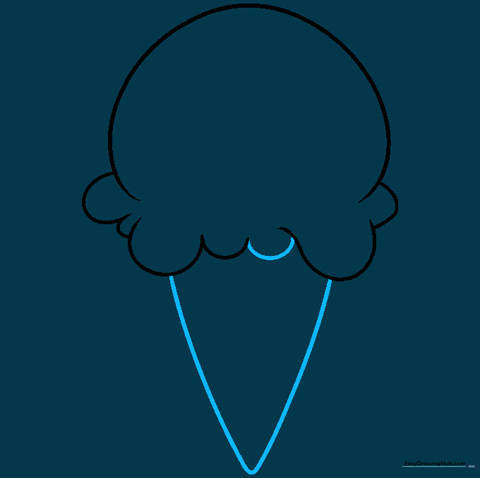 Drawing showing the completed scoop outline and the addition of a triangular ice cream cone base.