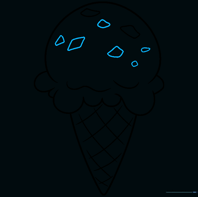 Drawing showing the addition of more chocolate chip shapes across the surface of the ice cream.