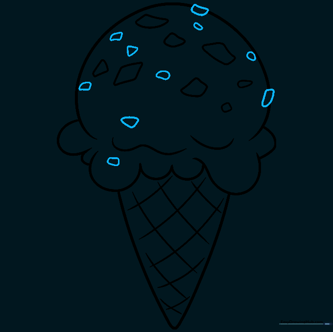 Drawing showing the final clean-up of lines and placement of final chocolate chips.