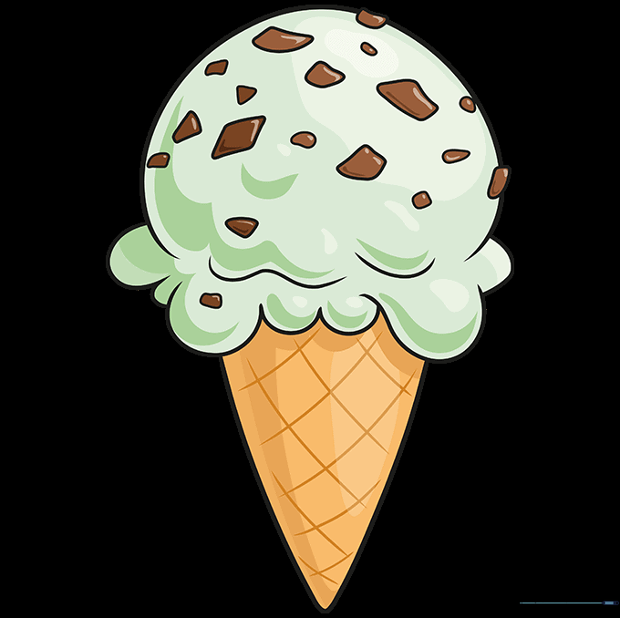 Final colored drawing of a mint chocolate chip ice cream cone with green scoop and brown chips.