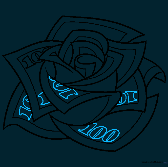 Adding multiple '100' markings to various petals across the rose drawing.