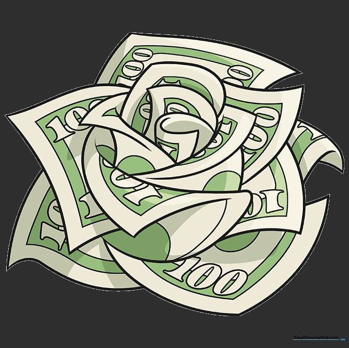 A finished, colored money rose drawing using shades of green to represent currency.