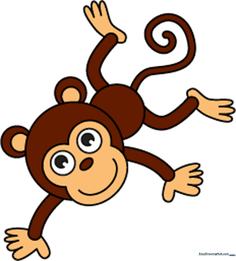 A colorful, finished cartoon monkey hanging from a branch, ready for coloring.