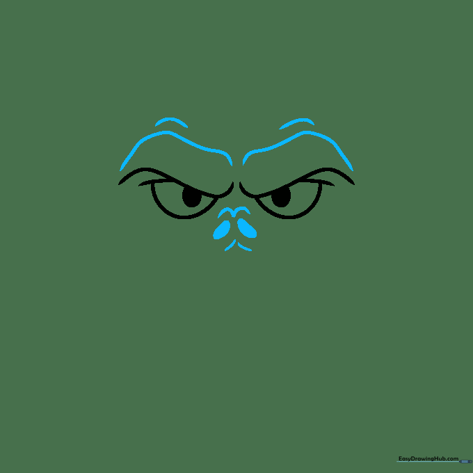 Drawing the monster's brow area with a rounded M-shape and uneven eye ridges.