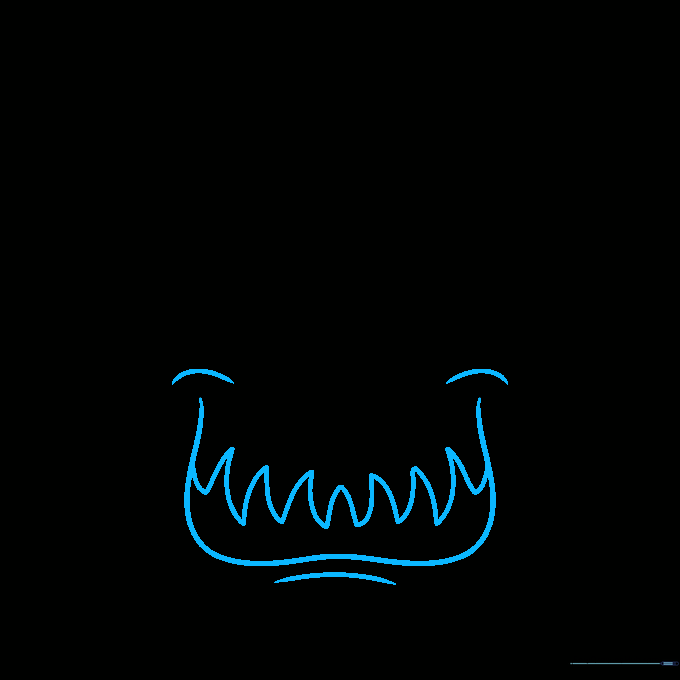 Sketching the monster's open mouth with jagged, uneven triangular teeth.