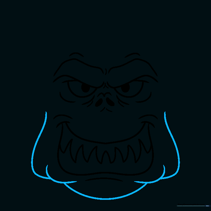 Outlining the head shape and chin of the cartoon monster.