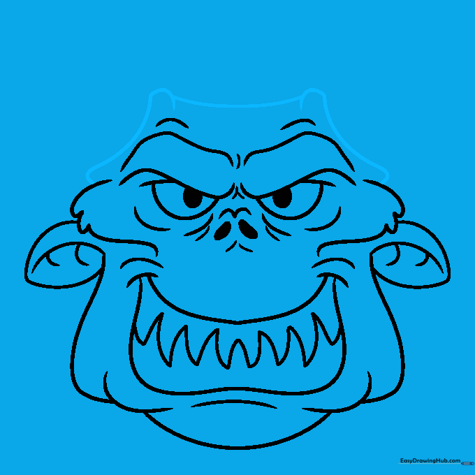 Drawing the base of the monster's horns on the sides of the head.