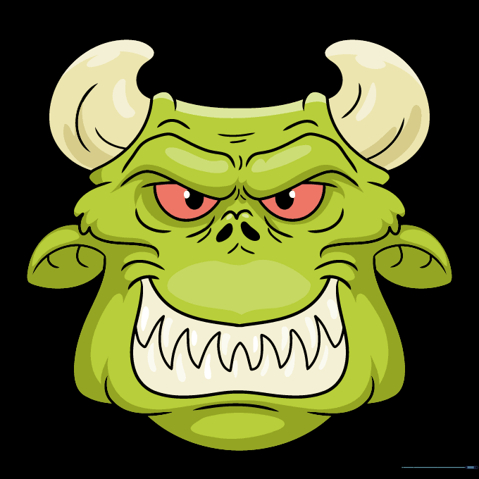 The finished, colored monster face drawing with green skin and red eyes.