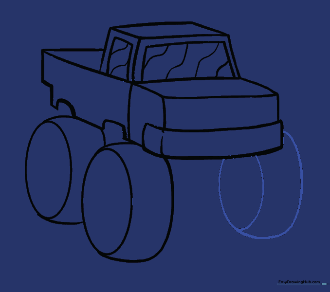 Drawing the rear tires visible on the opposite side of the vehicle.