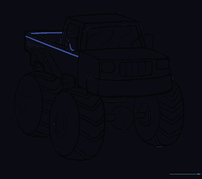 Darkening the final outlines of the monster truck.
