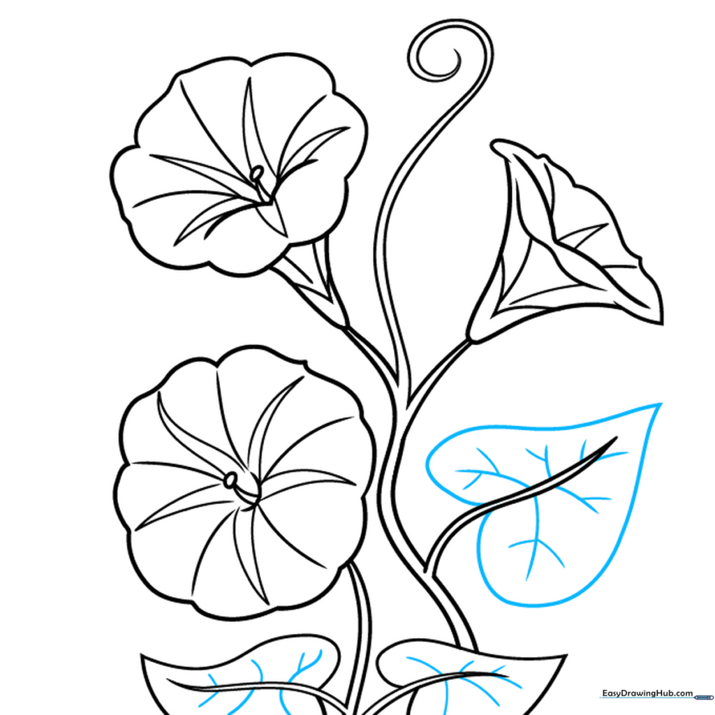 Adding multiple heart-shaped leaves and vein details to the vine.