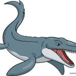 A vibrant, finished cartoon Mosasaurus swimming in the ocean.