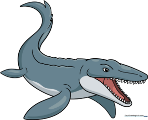 A vibrant, finished cartoon Mosasaurus swimming in the ocean.
