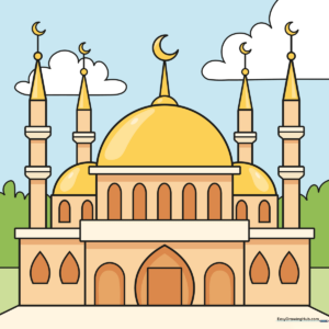 A vibrant, finished drawing of a mosque with minarets, domes, and a clear blue sky.
