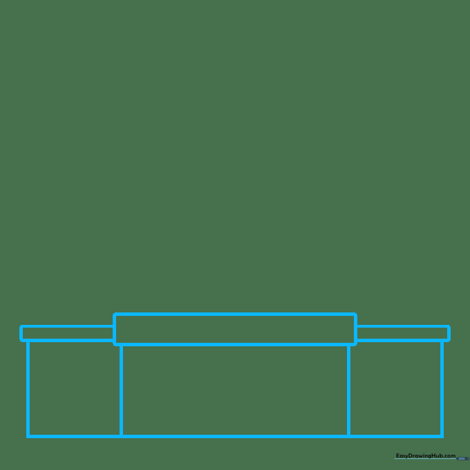 Pencil sketch showing the base rectangular structure of a mosque with a central hall and side wings.