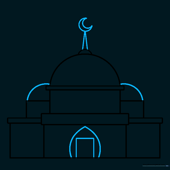 Adding side domes, a crescent moon finial, and the main arched doorway to the mosque sketch.