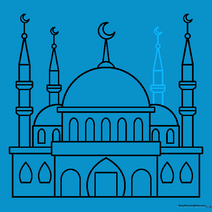 Adding the final background minaret to complete the mosque structure.