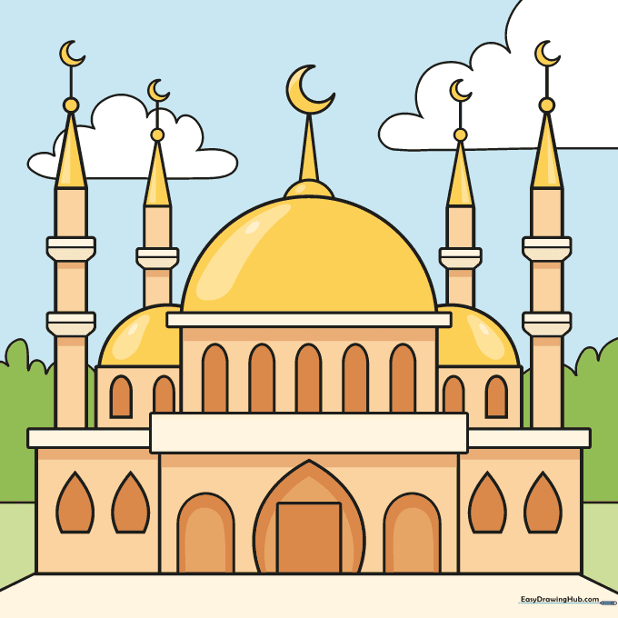 The finished, colored mosque drawing with tan walls and golden domes.
