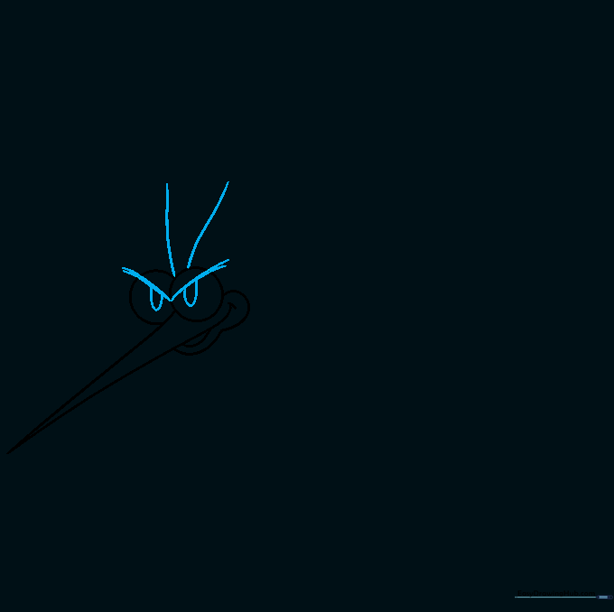 Detailed mosquito face with pupils, eyelids, and two thin antennae.