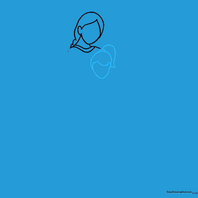 Drawing the daughter's head with a ponytail and hair tie
