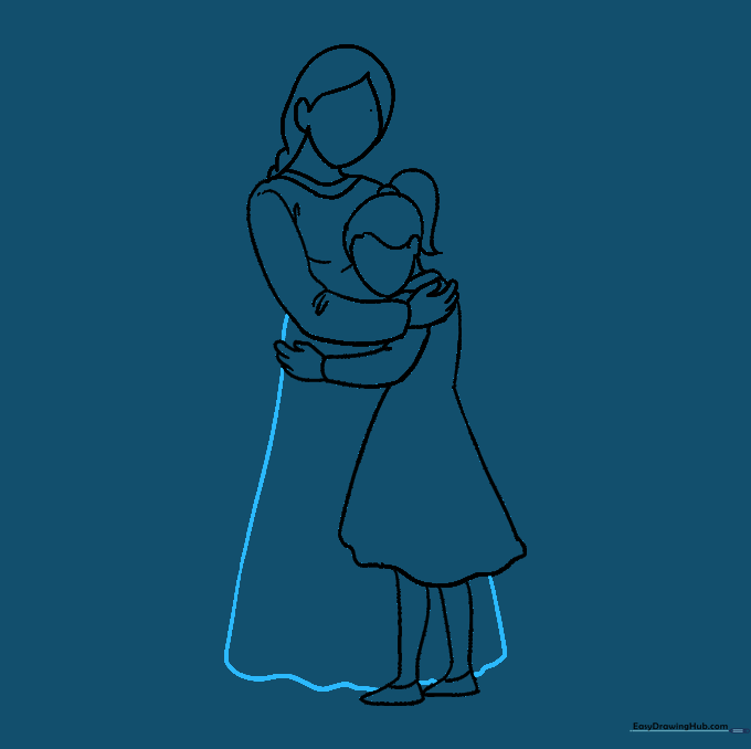 Drawing the mother's long skirt with flowing lines