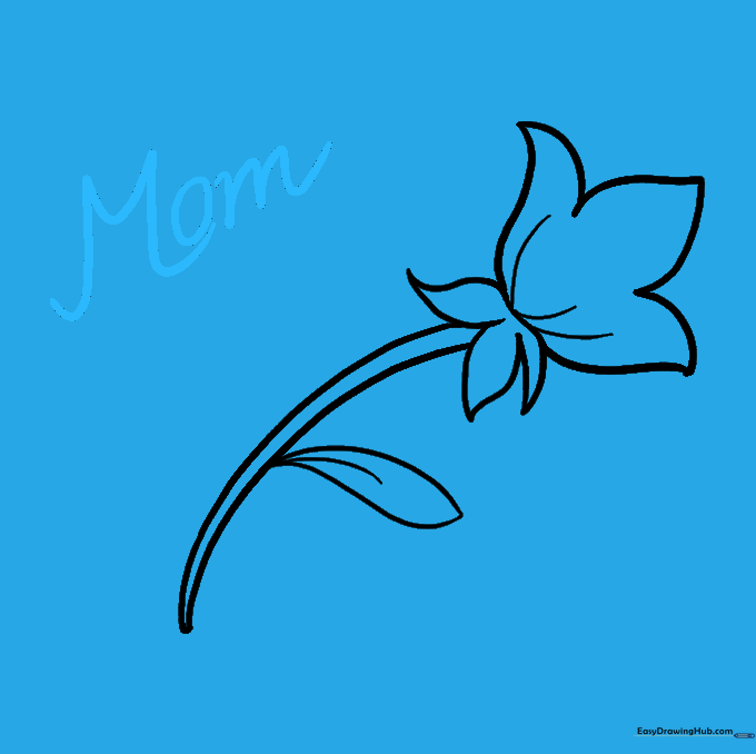 Writing the word Mom in stylized lettering above the flower drawing.