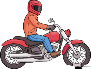 Colorful, finished illustration of a cartoon motorbike rider on a motorcycle.