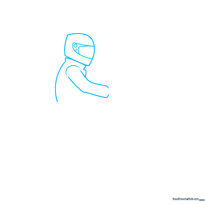 Pencil sketch showing the initial L-shaped helmet outline and visor placement for a motorbike rider.