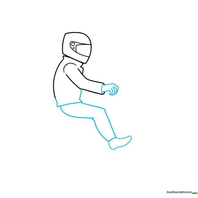 Drawing the rider's torso and leg structure using simple geometric shapes like triangles and curves.